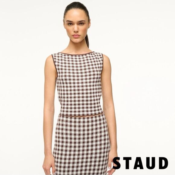 STAUD **NWT** Montgomery Cropped Knit Tank in Chocolate Brown Gingham - Picture 7 of 14